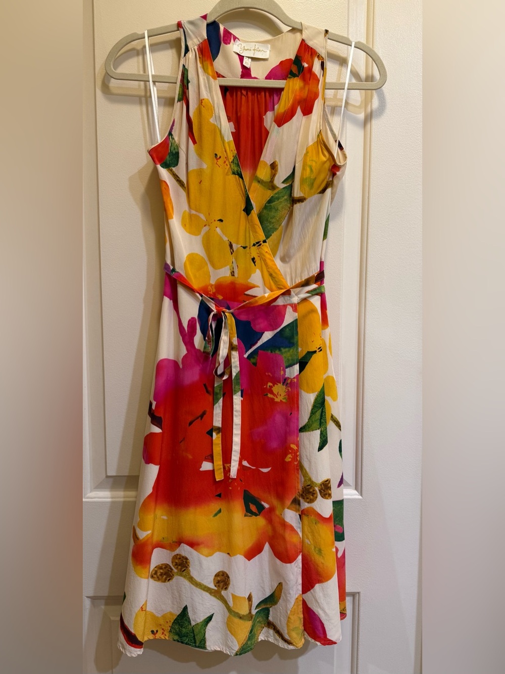 Yumi Kim White Floral Midi Wrap Dress with Vibrant Prints